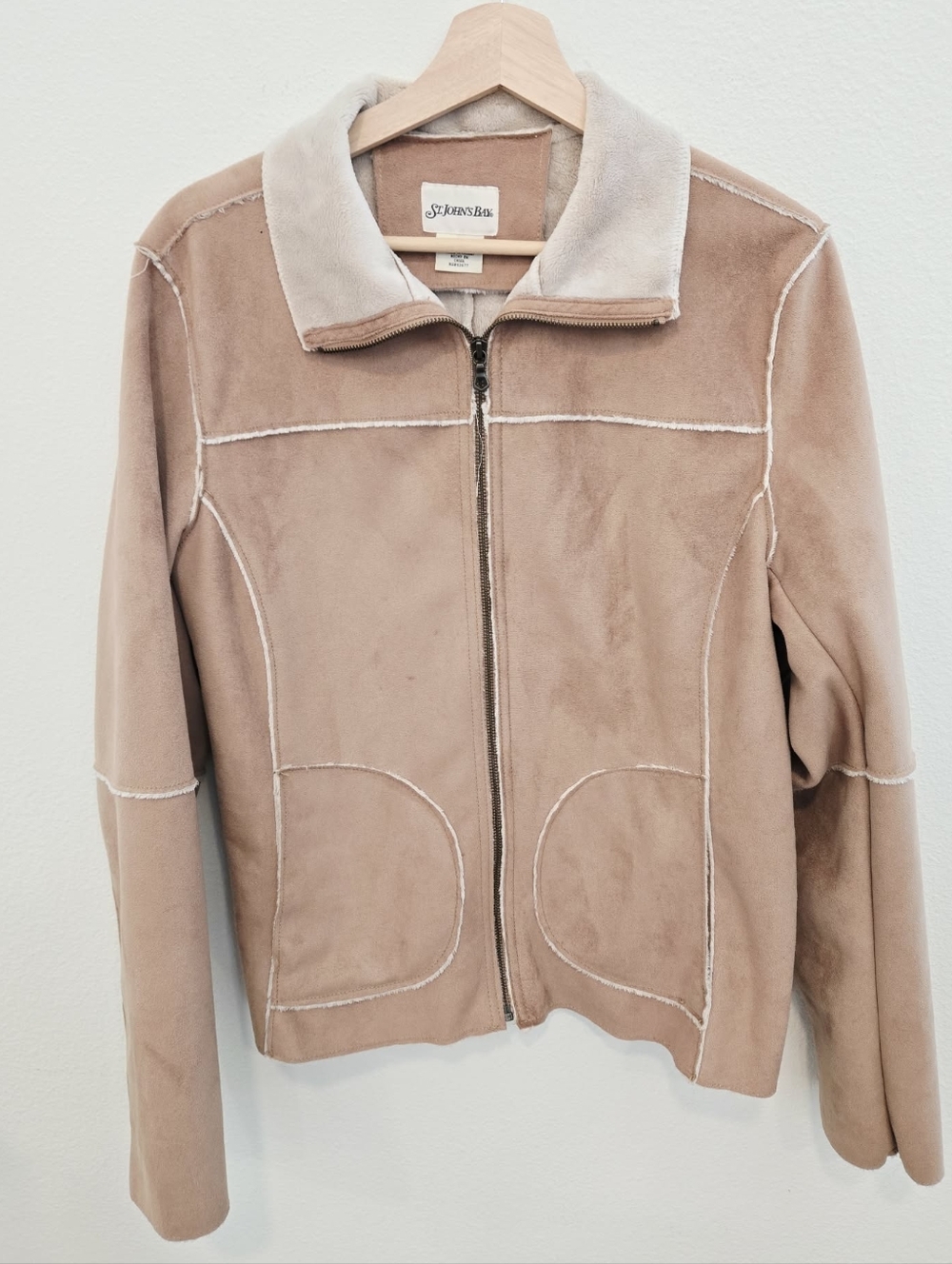 Vintage St. John's Bay Beige Faux-Suede Zip Jacket with Shearling‎ Trim Boho M